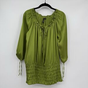 Essentials by Milano Women Satin Ruffle Blouse Sz L Green Smocked Waist Boho Top